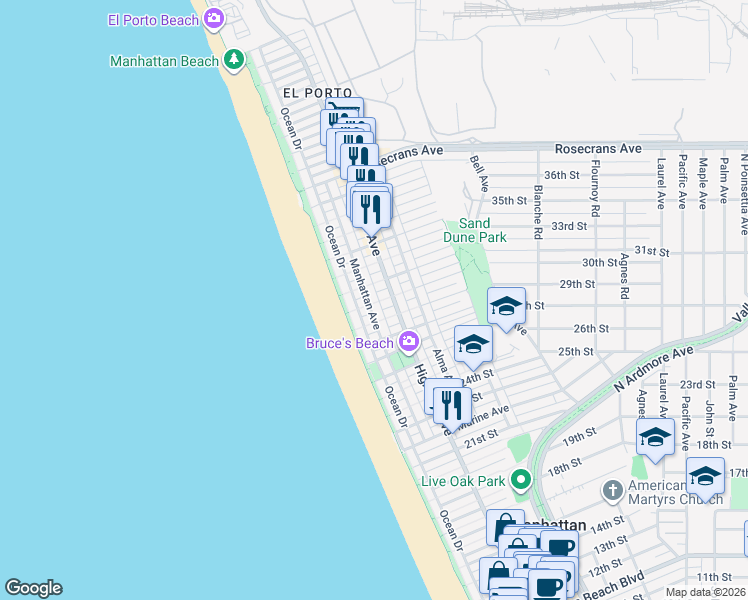 map of restaurants, bars, coffee shops, grocery stores, and more near 3004 Manhattan Avenue in Manhattan Beach