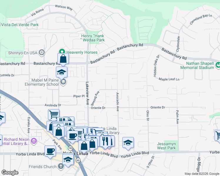 map of restaurants, bars, coffee shops, grocery stores, and more near 4441 Niantic Place in Yorba Linda