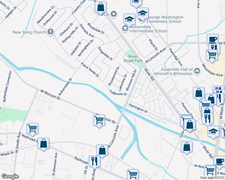 map of restaurants, bars, coffee shops, grocery stores, and more near 1157 Fallbrook Drive in Corona