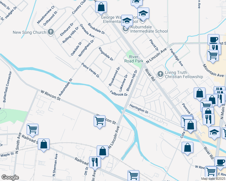 map of restaurants, bars, coffee shops, grocery stores, and more near 1157 Fallbrook Drive in Corona