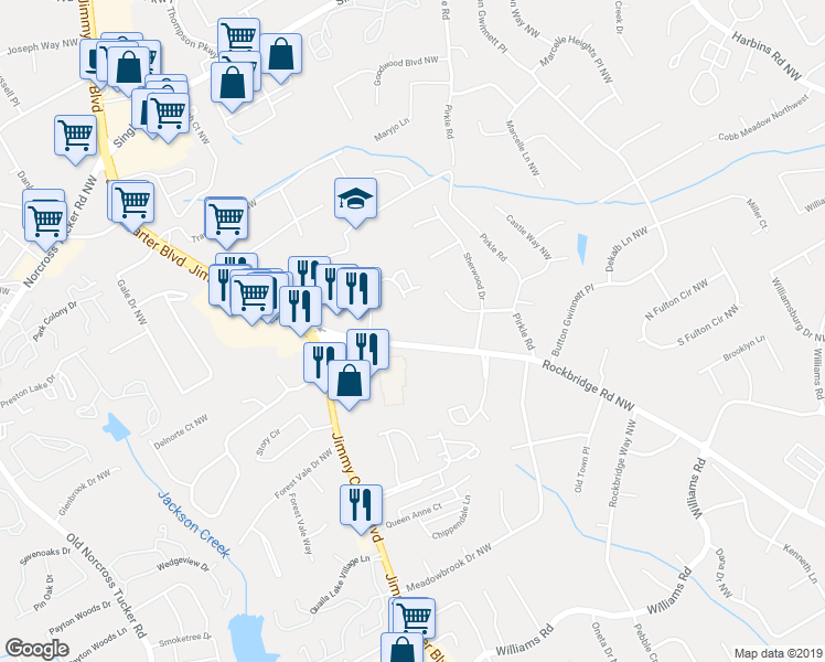 map of restaurants, bars, coffee shops, grocery stores, and more near 1158 Rockbridge Road Northwest in Norcross