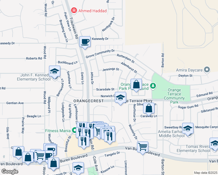 map of restaurants, bars, coffee shops, grocery stores, and more near 19450 Scarsdale Street in Riverside