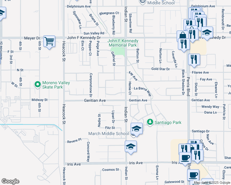map of restaurants, bars, coffee shops, grocery stores, and more near 24387 Dyna Place in Moreno Valley