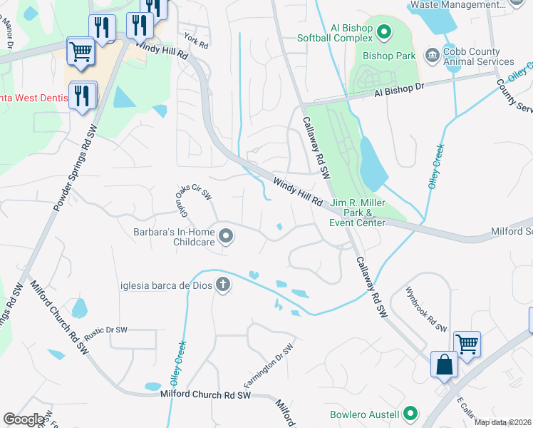 map of restaurants, bars, coffee shops, grocery stores, and more near 2375 Moseley Place Southwest in Marietta