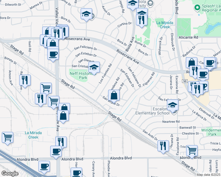 map of restaurants, bars, coffee shops, grocery stores, and more near 14741 Gandesa Road in La Mirada