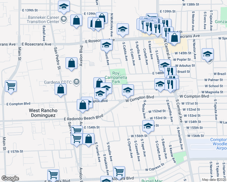 map of restaurants, bars, coffee shops, grocery stores, and more near South Stanford Avenue in West Rancho Dominguez