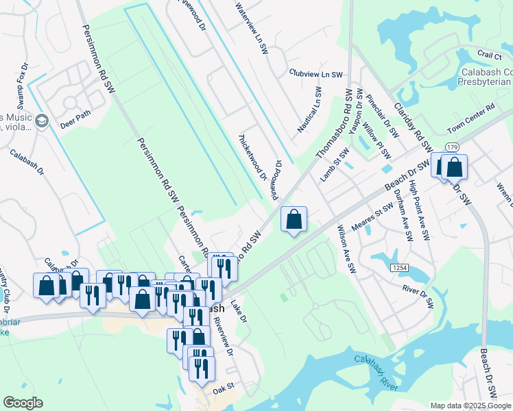 map of restaurants, bars, coffee shops, grocery stores, and more near 1092 Harbor Drive in Calabash
