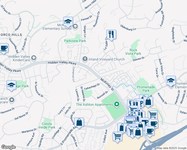 map of restaurants, bars, coffee shops, grocery stores, and more near 2181 Cedar Glen Circle in Corona