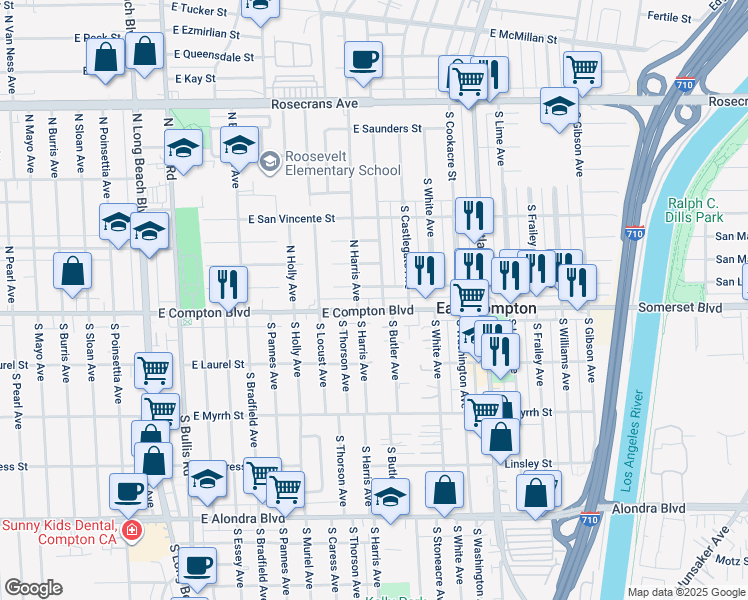 map of restaurants, bars, coffee shops, grocery stores, and more near 4111 East San Luis Street in Compton