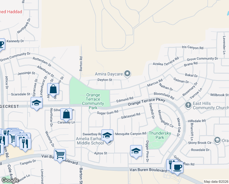map of restaurants, bars, coffee shops, grocery stores, and more near 8432 Roxy Circle in Riverside