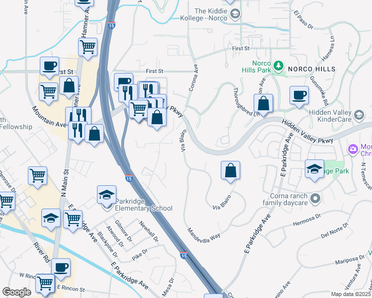 map of restaurants, bars, coffee shops, grocery stores, and more near 795 Vía Blairo in Corona