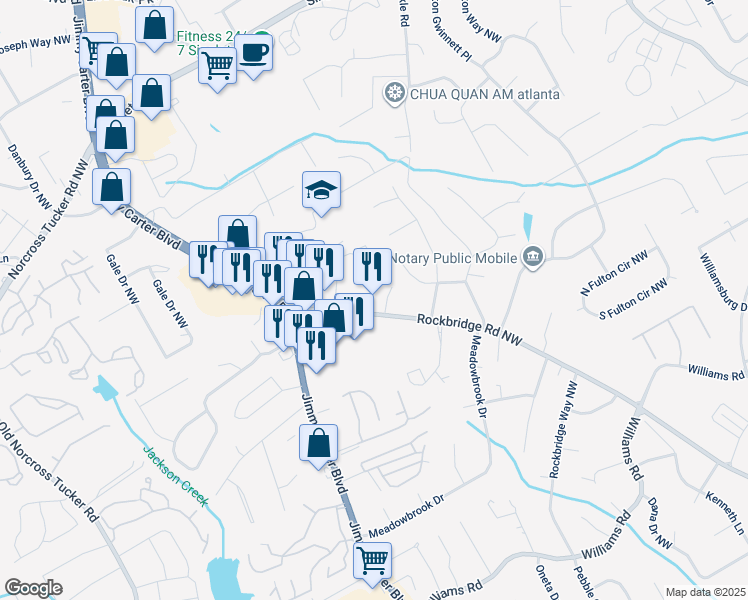 map of restaurants, bars, coffee shops, grocery stores, and more near 1158 Rockbridge Road Northwest in Norcross