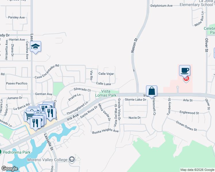map of restaurants, bars, coffee shops, grocery stores, and more near 26800 Calle Luna in Moreno Valley
