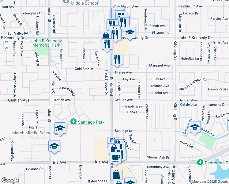 map of restaurants, bars, coffee shops, grocery stores, and more near 15402 Black Shadow Drive in Moreno Valley