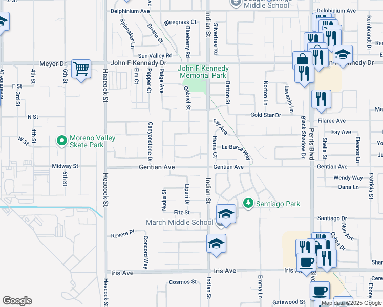 map of restaurants, bars, coffee shops, grocery stores, and more near 24387 Dyna Place in Moreno Valley