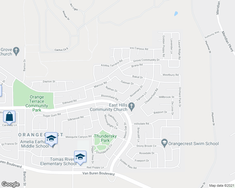 map of restaurants, bars, coffee shops, grocery stores, and more near 20552 Nathan Drive in Riverside