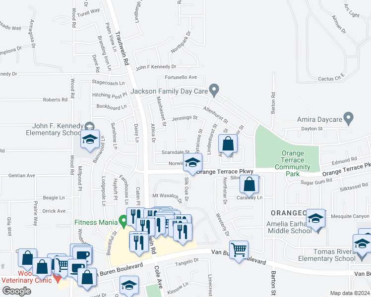 map of restaurants, bars, coffee shops, grocery stores, and more near 19497 Hebron Court in Riverside