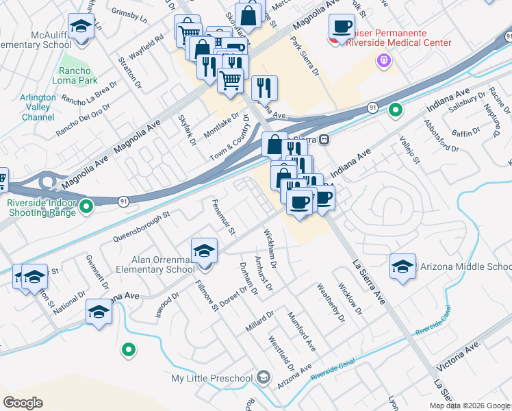 map of restaurants, bars, coffee shops, grocery stores, and more near 11215 Indiana Avenue in Riverside