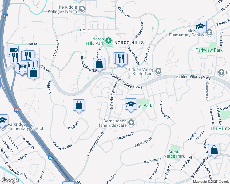 map of restaurants, bars, coffee shops, grocery stores, and more near 957 Palo Cedro Drive in Corona