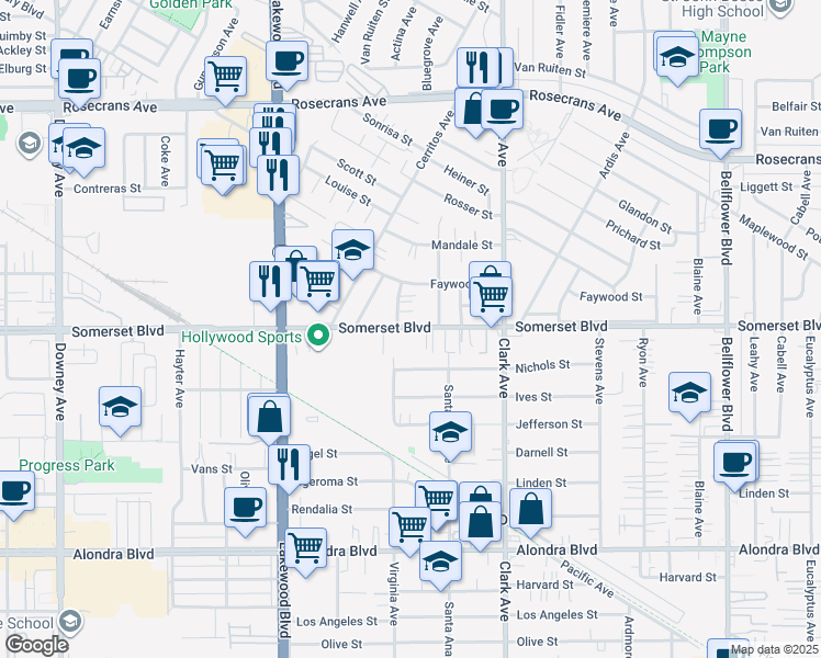 map of restaurants, bars, coffee shops, grocery stores, and more near 14929 Liblen Avenue in Bellflower