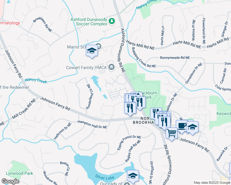 map of restaurants, bars, coffee shops, grocery stores, and more near 1227 Ashford Creek Park Northeast in Atlanta