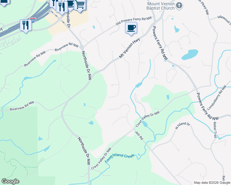 map of restaurants, bars, coffee shops, grocery stores, and more near 1100 Vernon Springs Court in Atlanta