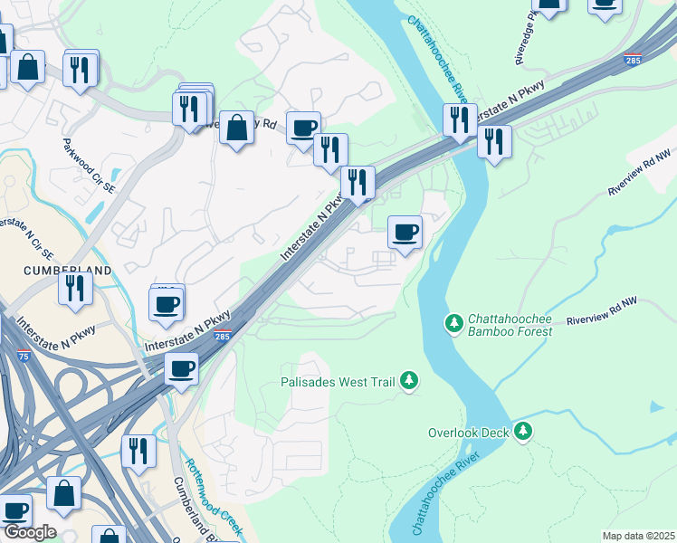 map of restaurants, bars, coffee shops, grocery stores, and more near 2281 Akers Mill Road Southeast in Atlanta