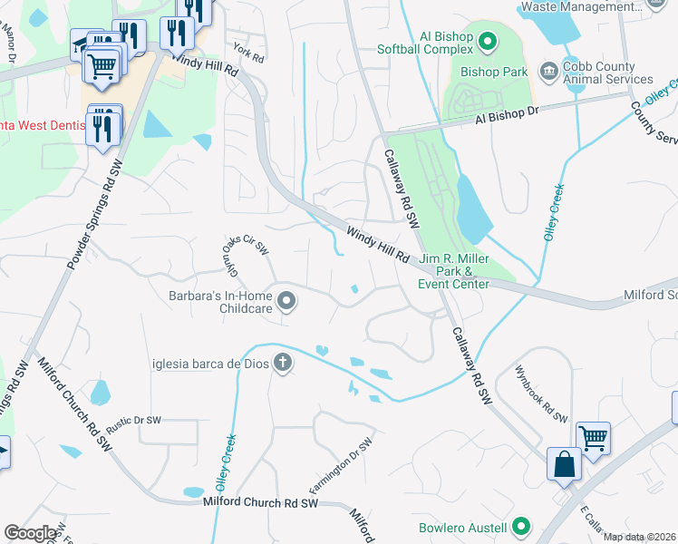 map of restaurants, bars, coffee shops, grocery stores, and more near 2375 Moseley Place Southwest in Marietta