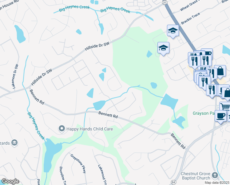 map of restaurants, bars, coffee shops, grocery stores, and more near 1990 Cooper Lakes Drive in Grayson