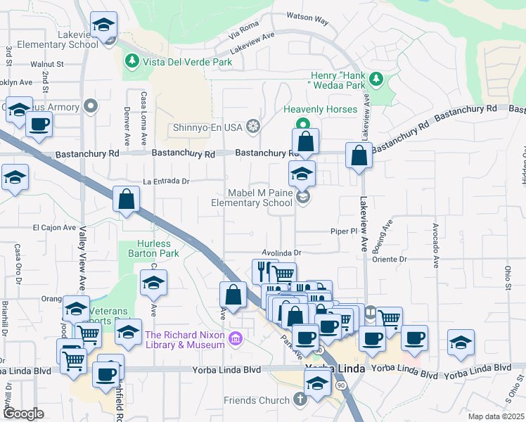 map of restaurants, bars, coffee shops, grocery stores, and more near 4449 Kaye Lane in Yorba Linda