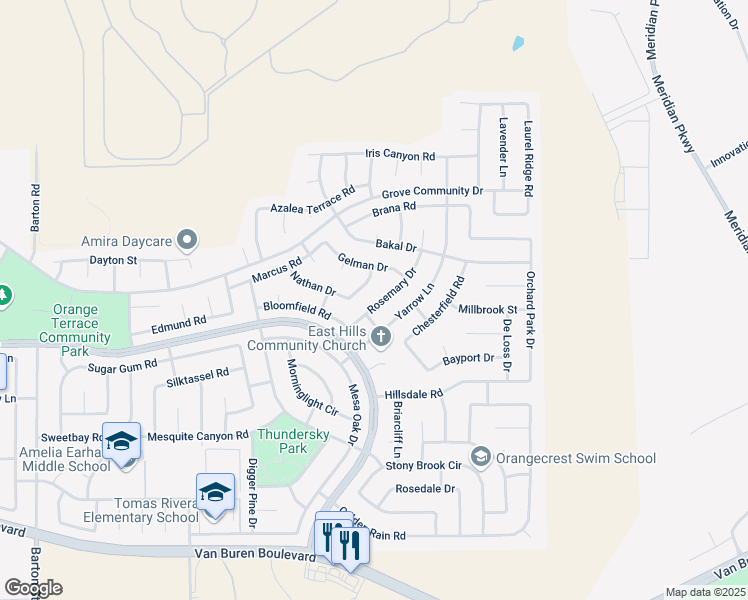 map of restaurants, bars, coffee shops, grocery stores, and more near 8547 Rosemary Drive in Riverside