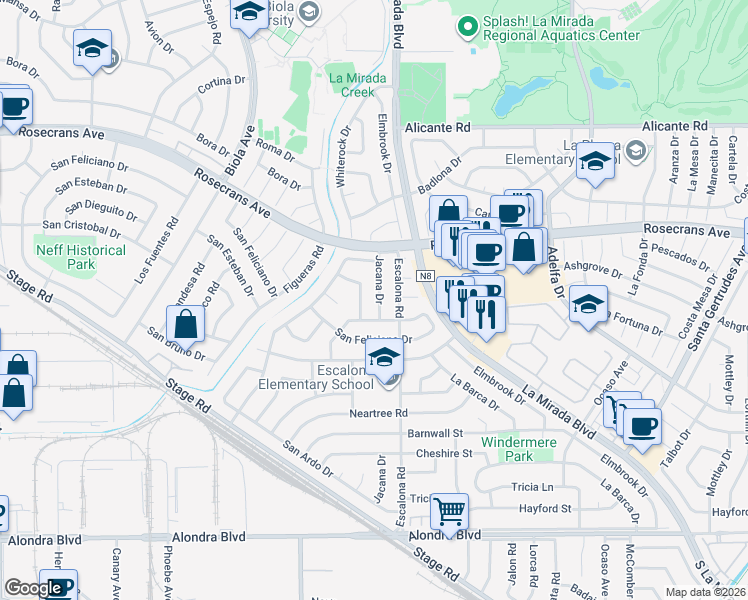 map of restaurants, bars, coffee shops, grocery stores, and more near 14742 Jacana Drive in La Mirada