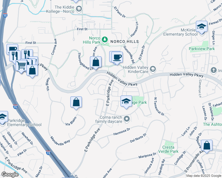 map of restaurants, bars, coffee shops, grocery stores, and more near 957 Palo Cedro Drive in Corona