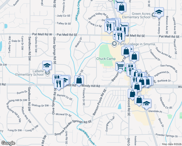 map of restaurants, bars, coffee shops, grocery stores, and more near 208 Okemah Trail in Marietta