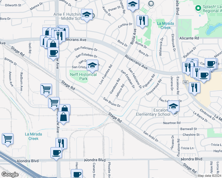 map of restaurants, bars, coffee shops, grocery stores, and more near 14741 Gandesa Road in La Mirada