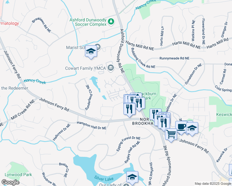 map of restaurants, bars, coffee shops, grocery stores, and more near 1233 Ashford Creek Park Northeast in Atlanta