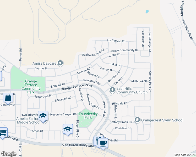 map of restaurants, bars, coffee shops, grocery stores, and more near 20552 Nathan Drive in Riverside