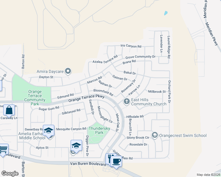 map of restaurants, bars, coffee shops, grocery stores, and more near 20567 Nathan Drive in Riverside