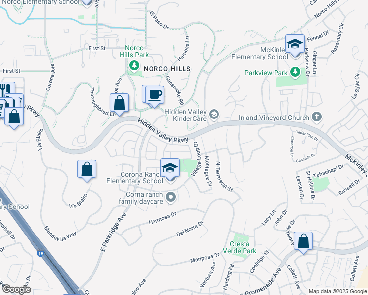 map of restaurants, bars, coffee shops, grocery stores, and more near 1472 Goldeneagle Drive in Corona