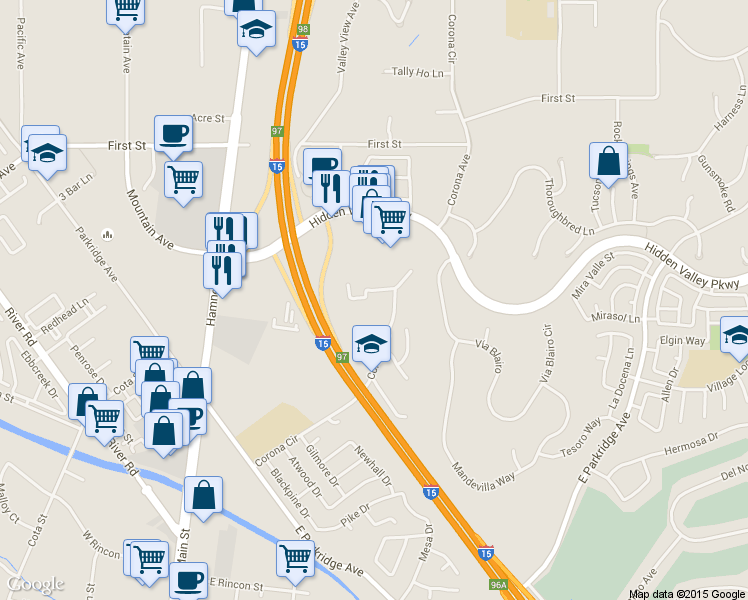 map of restaurants, bars, coffee shops, grocery stores, and more near 947 Martina Circle in Corona