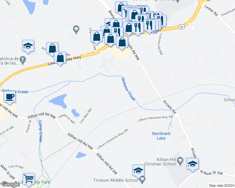 map of restaurants, bars, coffee shops, grocery stores, and more near 51 Timothy Lane Northwest in Lilburn