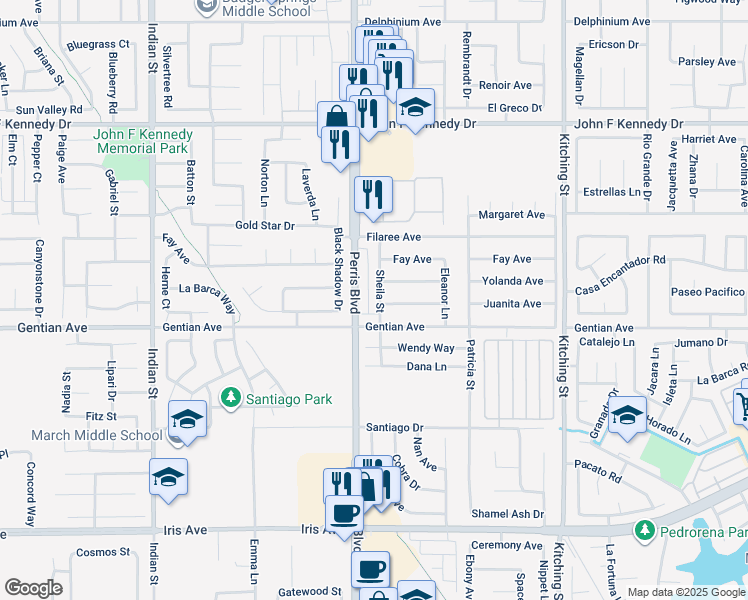 map of restaurants, bars, coffee shops, grocery stores, and more near 15427 Sheila Street in Moreno Valley