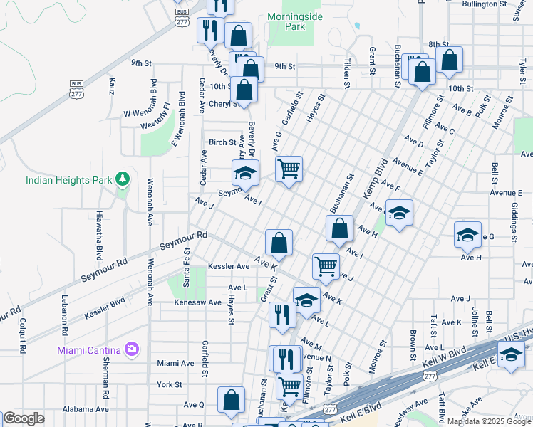 map of restaurants, bars, coffee shops, grocery stores, and more near 1903 Hayes Street in Wichita Falls