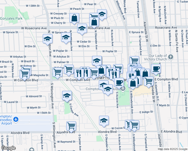 map of restaurants, bars, coffee shops, grocery stores, and more near 427 West Magnolia Street in Compton