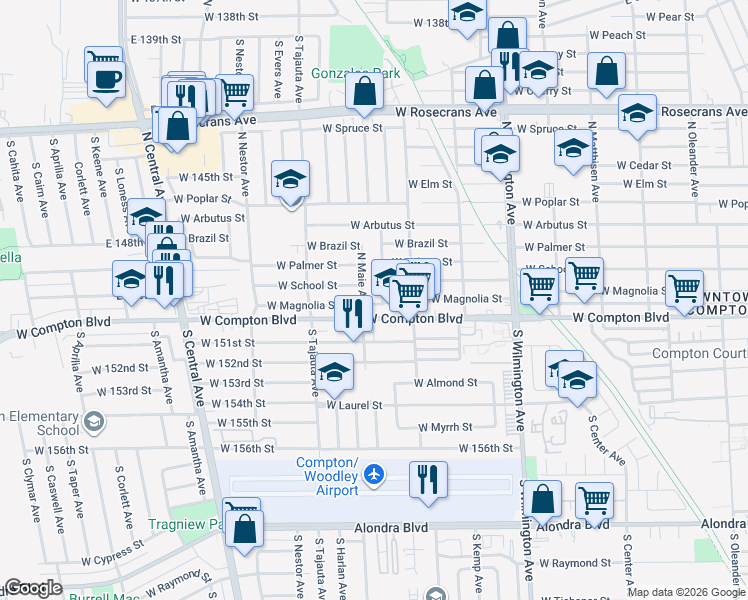 map of restaurants, bars, coffee shops, grocery stores, and more near 1207 West Magnolia Street in Compton