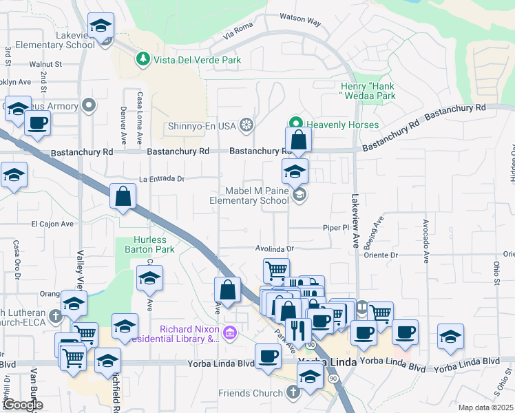 map of restaurants, bars, coffee shops, grocery stores, and more near 4449 Kaye Lane in Yorba Linda