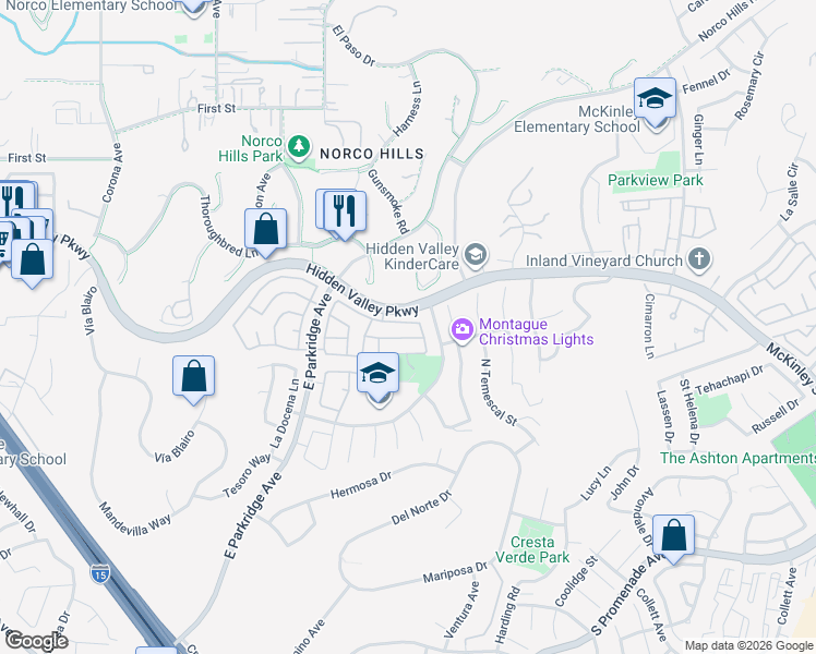 map of restaurants, bars, coffee shops, grocery stores, and more near 1472 Goldeneagle Drive in Corona