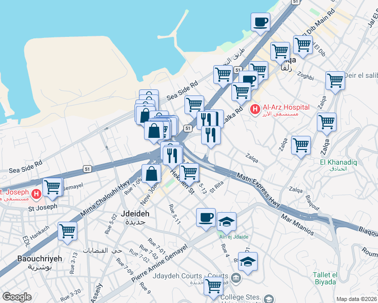 map of restaurants, bars, coffee shops, grocery stores, and more near Nahr El Mout in El Metn