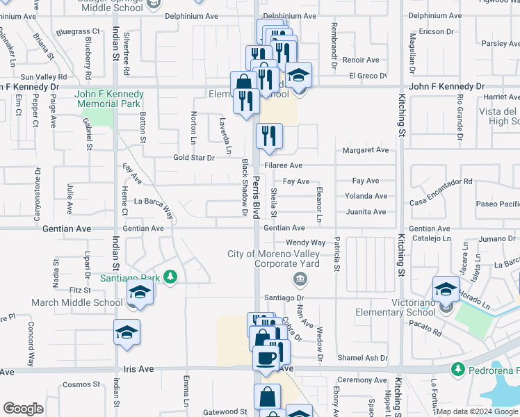 map of restaurants, bars, coffee shops, grocery stores, and more near 15426 Perris Boulevard in Moreno Valley