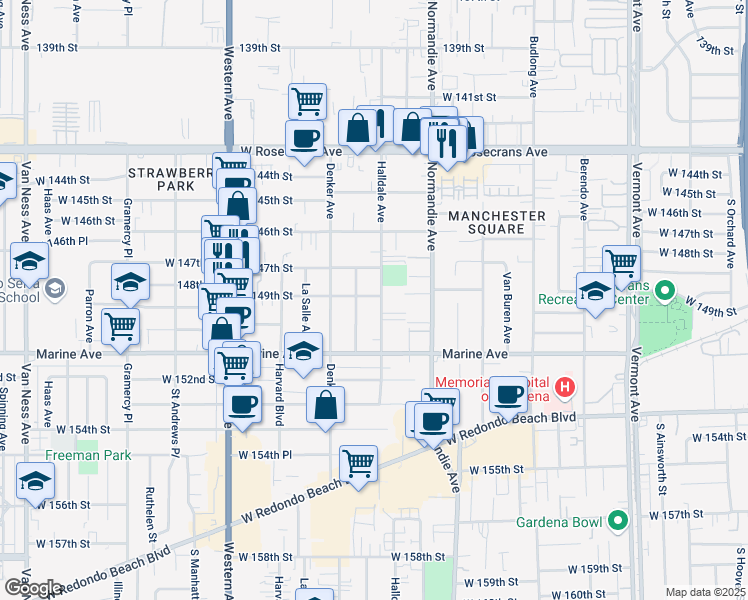 map of restaurants, bars, coffee shops, grocery stores, and more near 14816 Kingsley Drive in Gardena